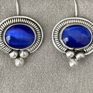 Vintage Sterling Silver Chatoyant Blue Cats Eye Hook Earrings from Mexico by ATI
